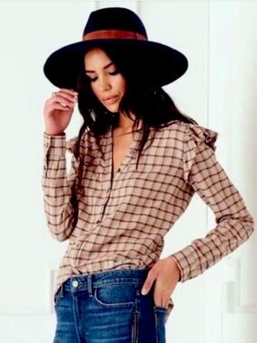 PAIGE Cream & Brown Plaid Button-Down Ruffle Shoulder Top